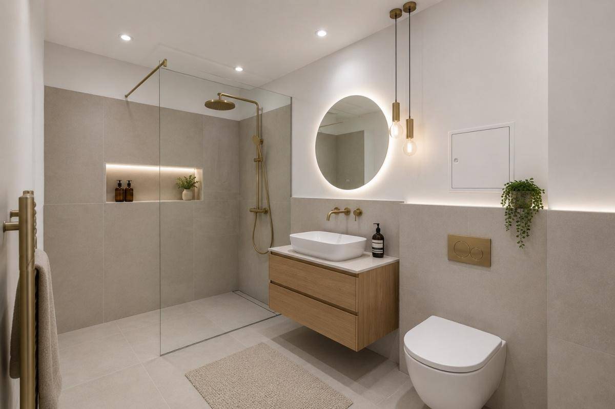 Luxuriöses Badezimmer mit begehbarer Dusche, modernem Waschtisch und indirekter Beleuchtung.
