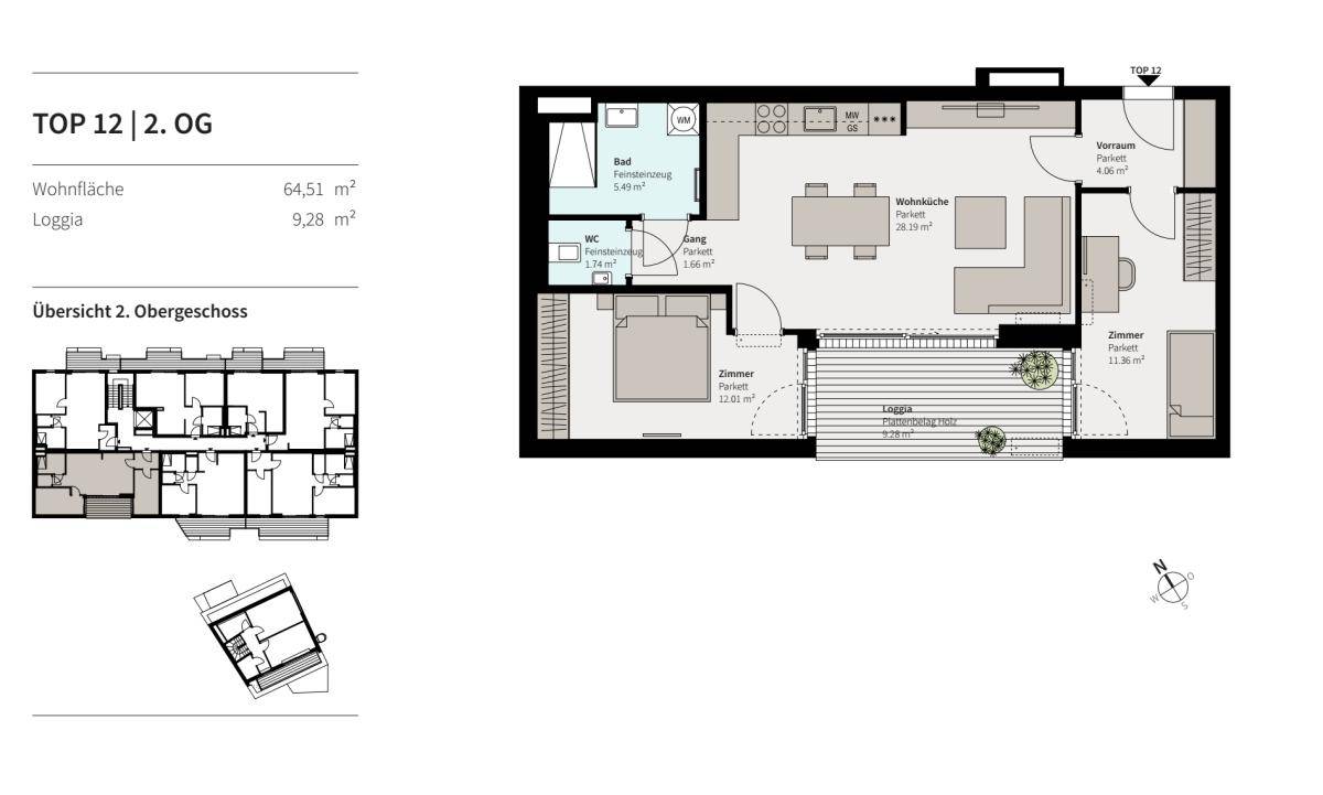 Grundriss der Wohnung Top 12 im 2. Obergeschoss mit Loggia und Raumaufteilung.