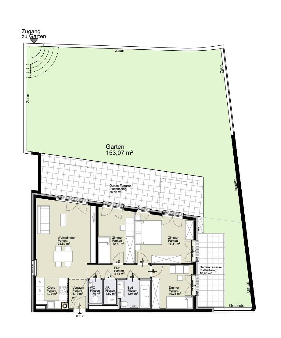 Grundriss einer Wohnung mit Garten, Terrasse, Wohnzimmer, Küche und mehreren Schlafzimmern.