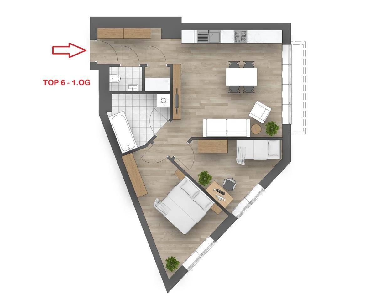 Detaillierter Grundriss einer Wohnung mit Schlafzimmer, Bad und offenem Wohnbereich.