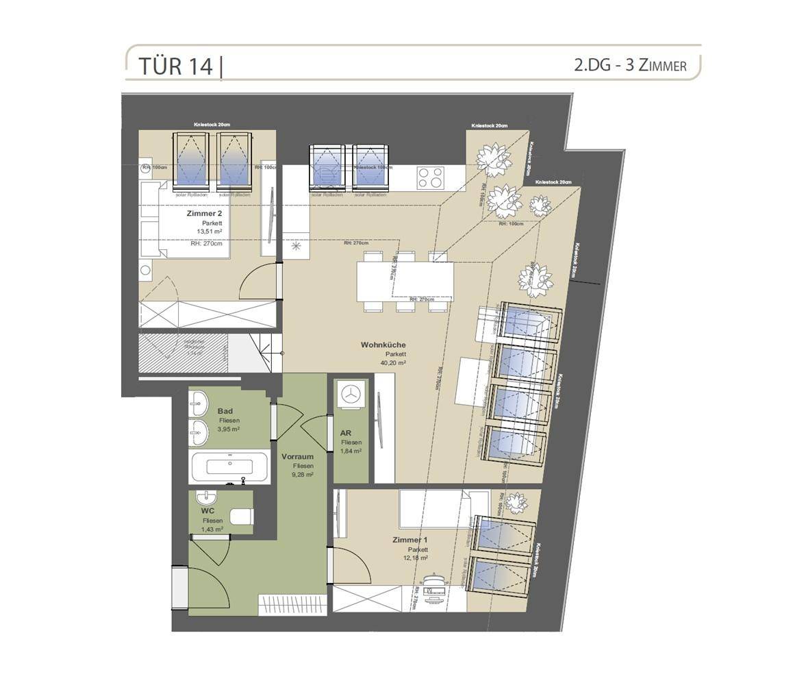 Grundriss der Wohnung Tür 14 mit drei Zimmern, Wohnküche und Dachterrassenzugang.