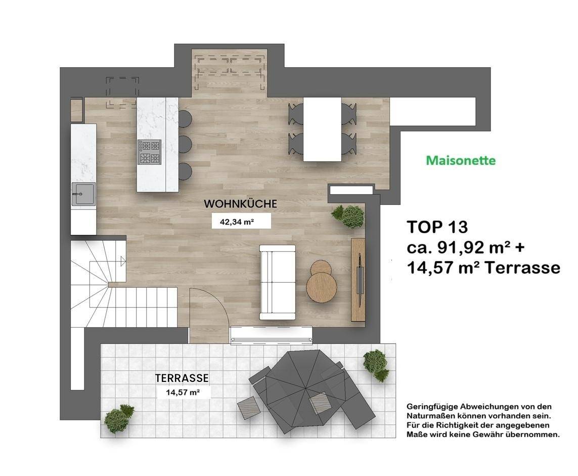 Grundriss der unteren Etage einer Maisonette-Wohnung mit offener Wohnküche und großer Terrasse.