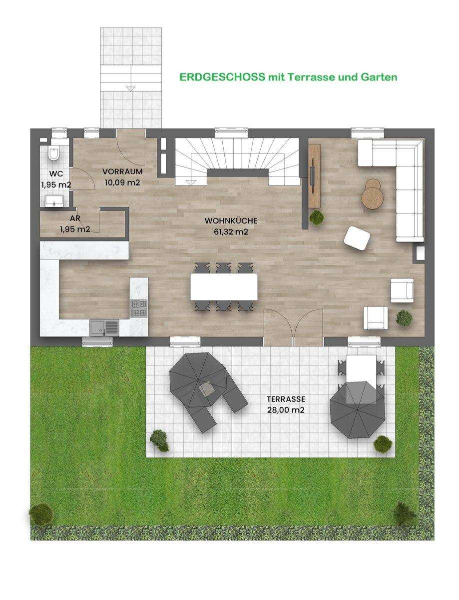 Grundriss des Erdgeschosses mit offener Wohnküche, Terrasse und direktem Gartenzugang.