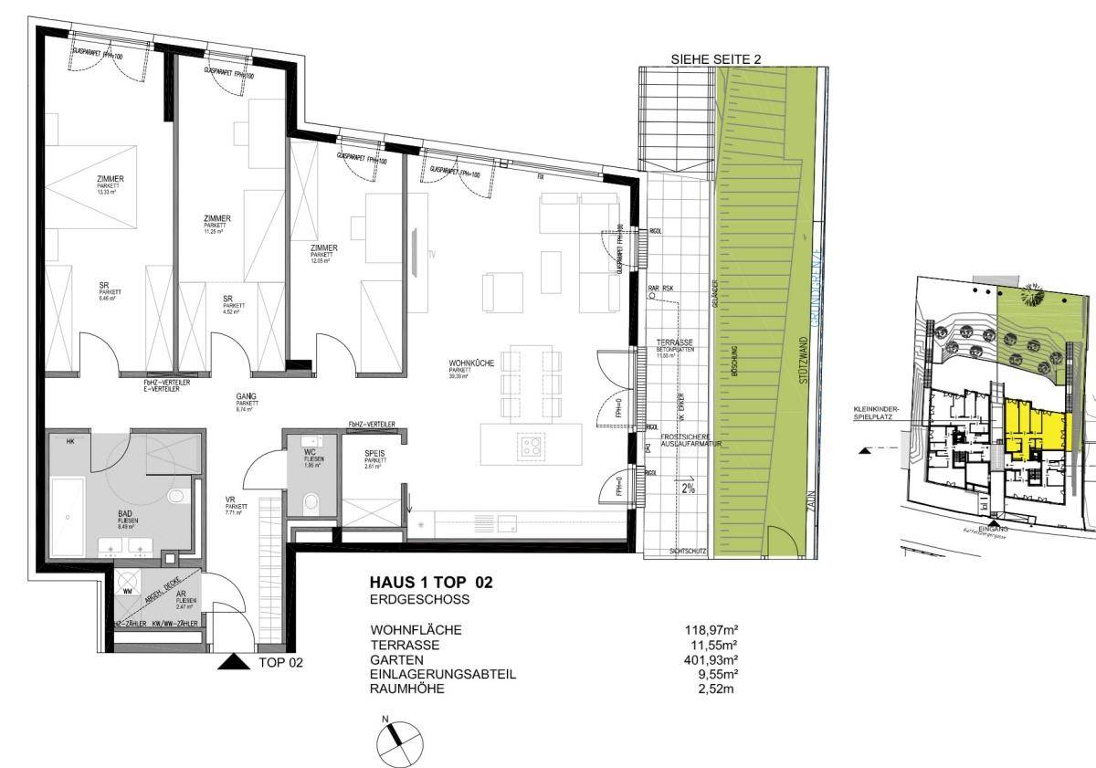 Grundriss einer Erdgeschosswohnung mit offener Wohnküche, drei Zimmern, Bad, separatem WC, Terrasse und Garten.