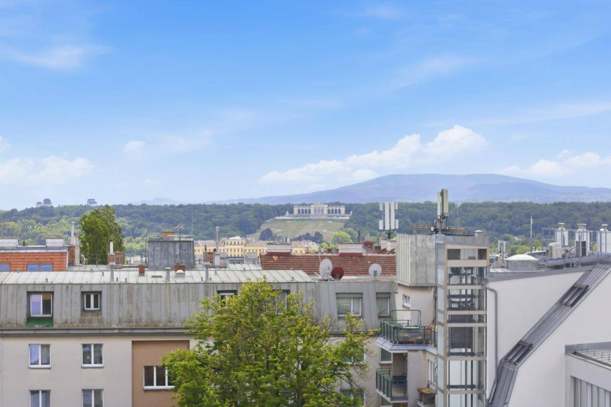 Weitläufiger Blick über die Dächer der Stadt mit grünen Hügeln und einem historischen Gebäude im Hintergrund.