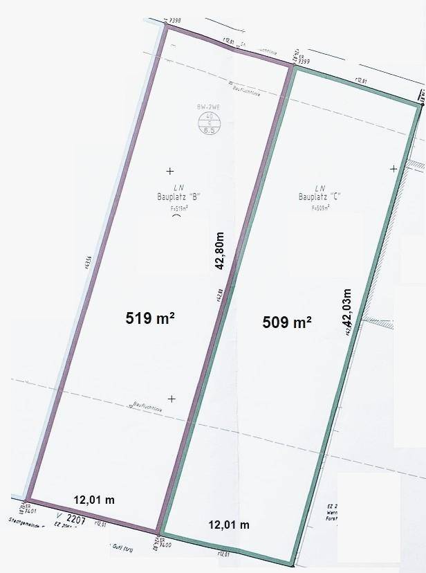 Katasterplan zeigt zwei Baugrundstücke mit Flächen von 519 m² und 509 m² und ihren Abmessungen.