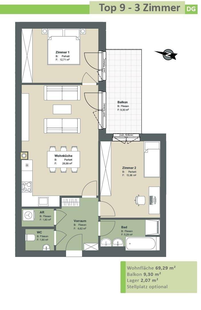Grundriss für eine 3-Zimmer-Wohnung im Dachgeschoss mit offener Wohnküche und Balkon.