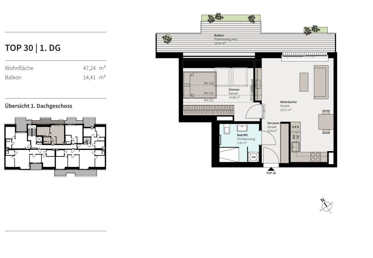 Grundriss der Wohnung TOP 30 im ersten Dachgeschoss mit Balkon und offenem Wohnbereich.