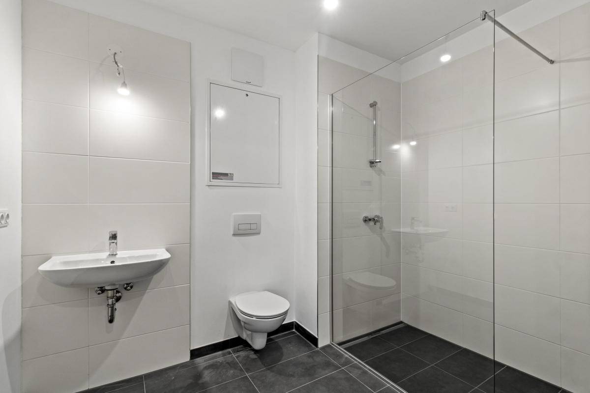 Modernes Badezimmer mit ebenerdiger Dusche, Wand-WC und eleganten Fliesen.