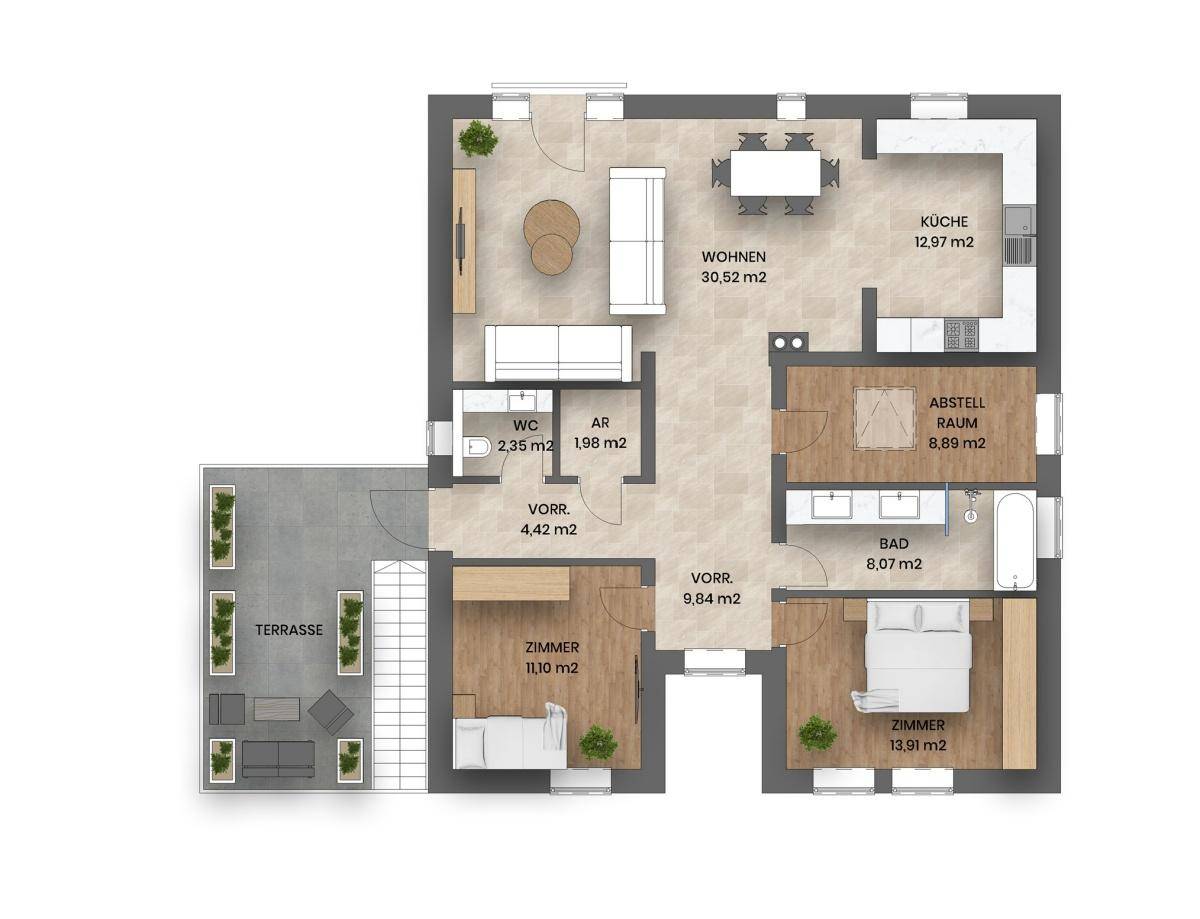 Grundriss des Obergeschosses mit Wohnzimmer, Küche, Schlafzimmer und Terrasse.