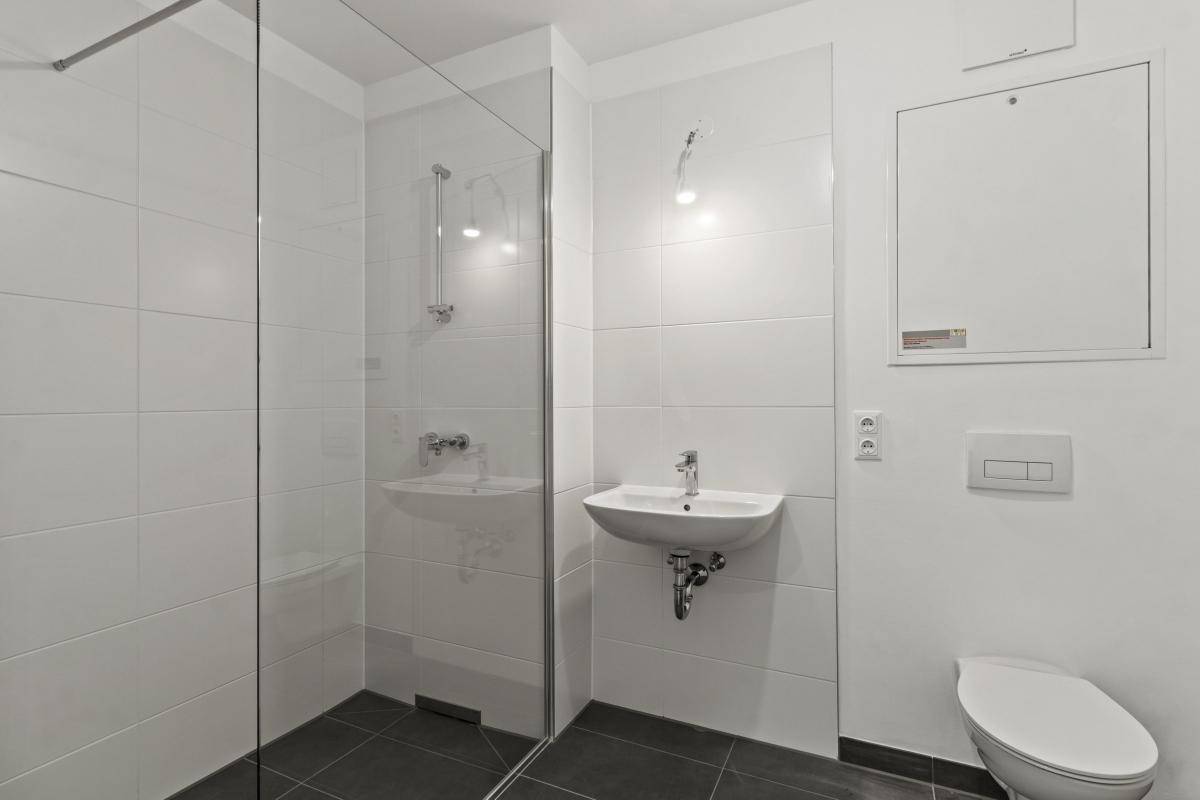 Modernes Badezimmer mit begehbarer Dusche, Wand-WC und eleganten Fliesen.