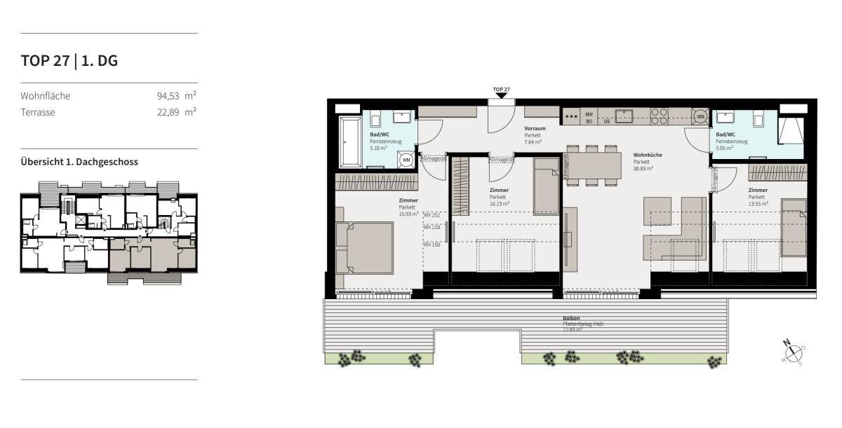 Grundriss des Dachgeschoss-Apartments TOP 27 mit Wohnfläche und Terrasse.