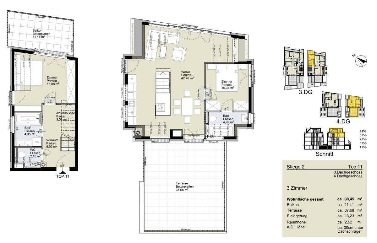 Detaillierter Grundriss einer Wohnung mit drei Zimmern, Balkon und Terrasse.
