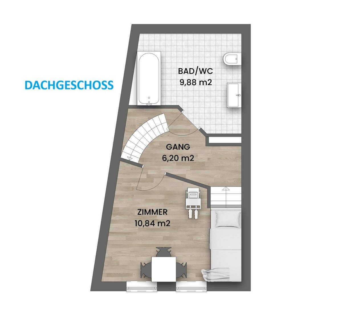 Grundriss des Dachgeschosses mit Schlafzimmer, Badezimmer und Flur.