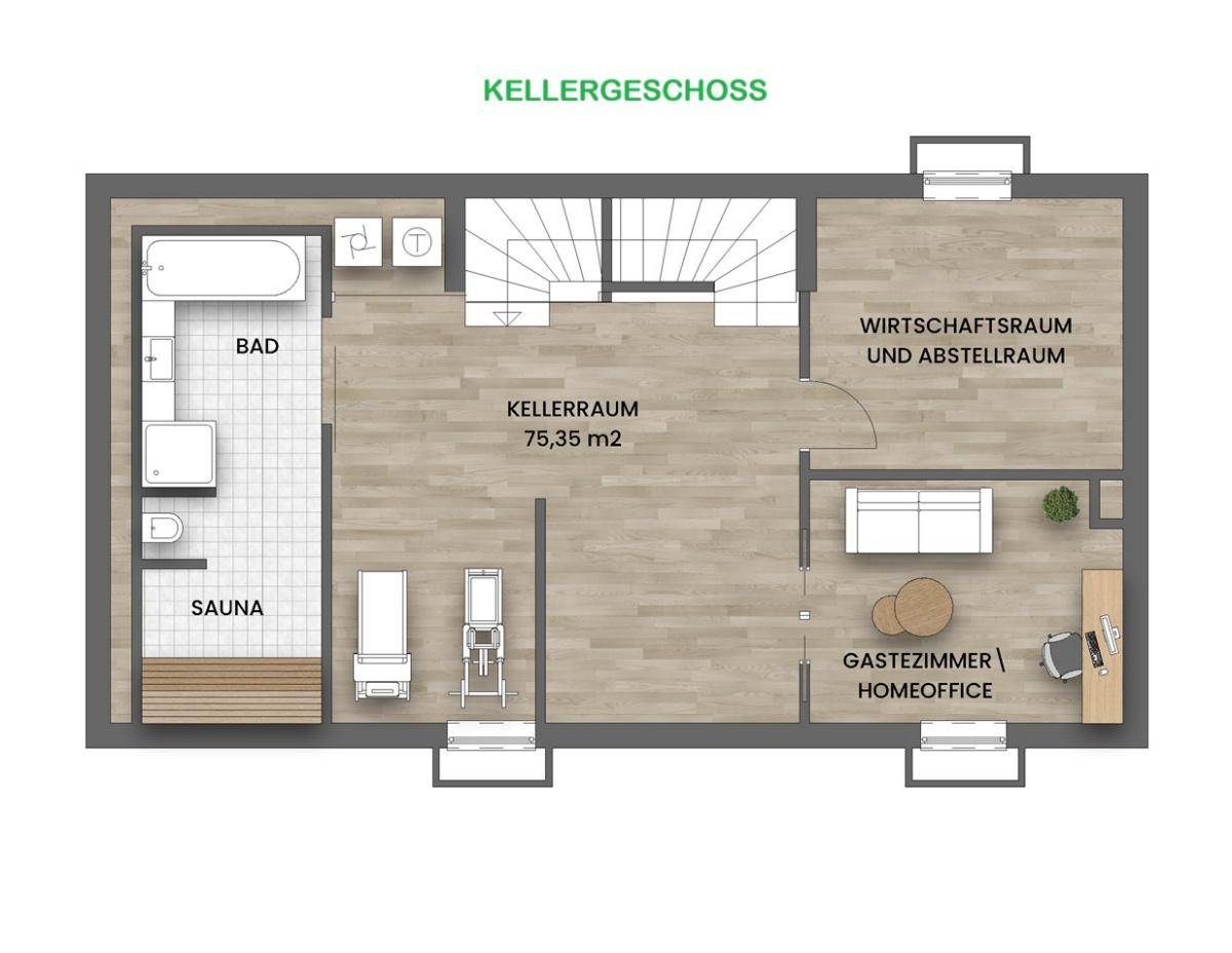 Grundriss des Kellergeschosses mit Sauna, Bad, Wirtschaftsraum und Gästezimmer.