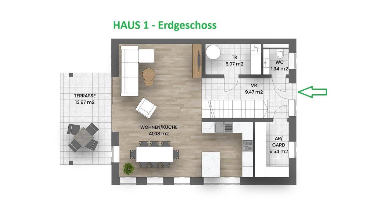Grundriss des Erdgeschosses von Haus 1 mit offener Wohnküche, Terrasse und WC.