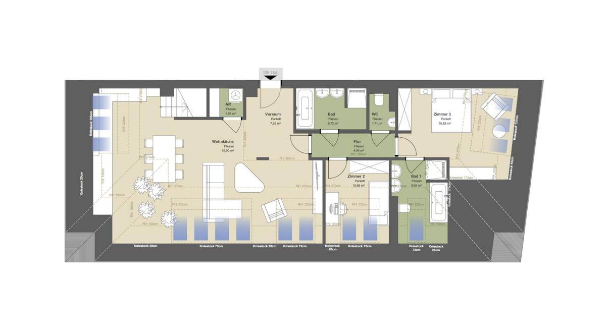 Detaillierter Grundriss des Dachgeschosses mit mehreren Zimmern und Dachterrasse.
