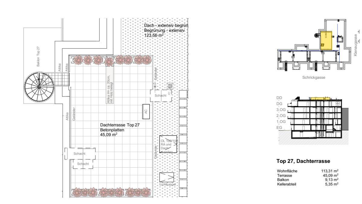 Grundriss der Dachterrasse mit extensiver Begrünung und Wendeltreppe.