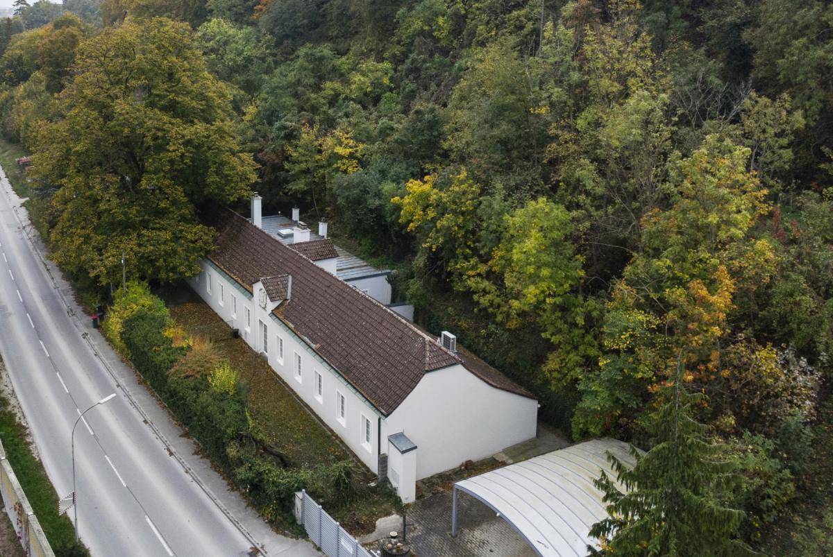 Luftaufnahme des Anwesens mit langem Gebäude, Carport und umgebender Natur.