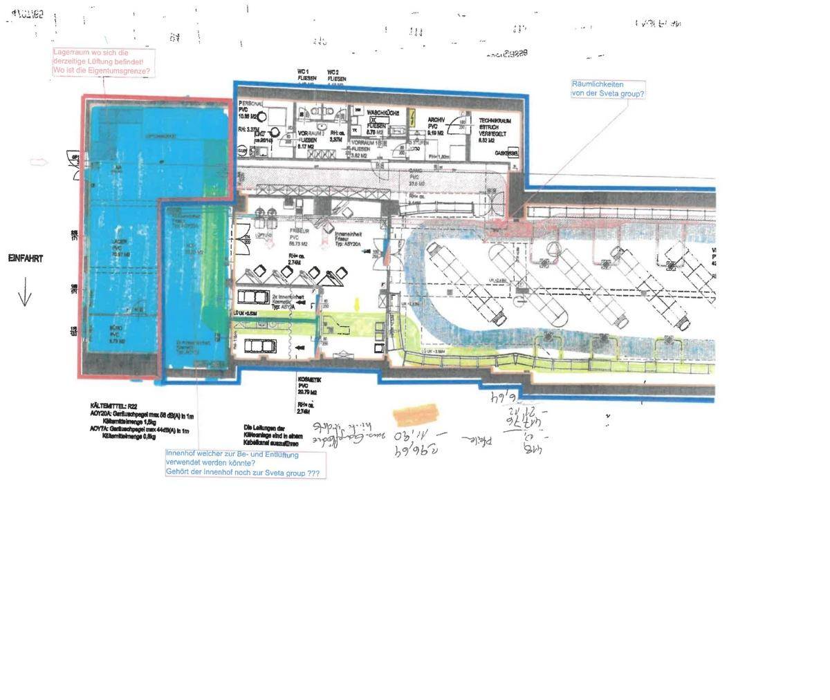 Detaillierter Grundriss mit verschiedenen Funktionsbereichen, inklusive WCs und Lagerflächen.