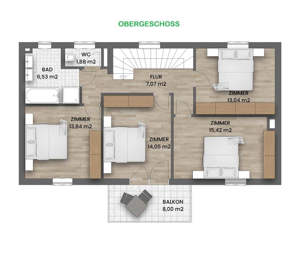 Grundriss des Obergeschosses mit drei Schlafzimmern, Bad, separatem WC und Balkon.
