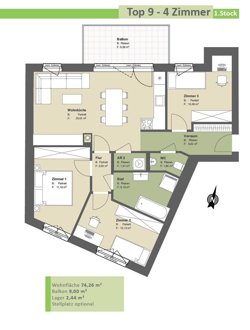 Grundriss einer 4-Zimmer-Wohnung im ersten Stock mit Balkon und separatem WC.