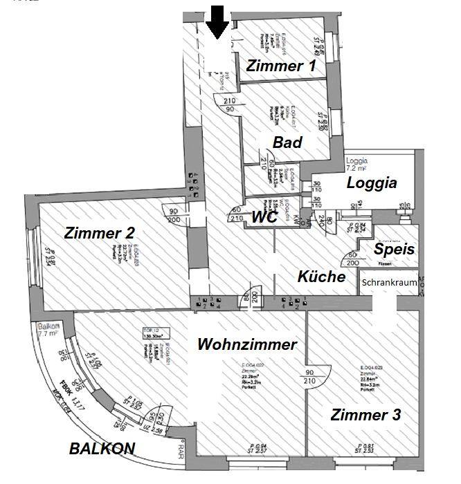 Detaillierter Grundriss mit mehreren Zimmern, Küche, Bad, WC, Loggia und Balkon.