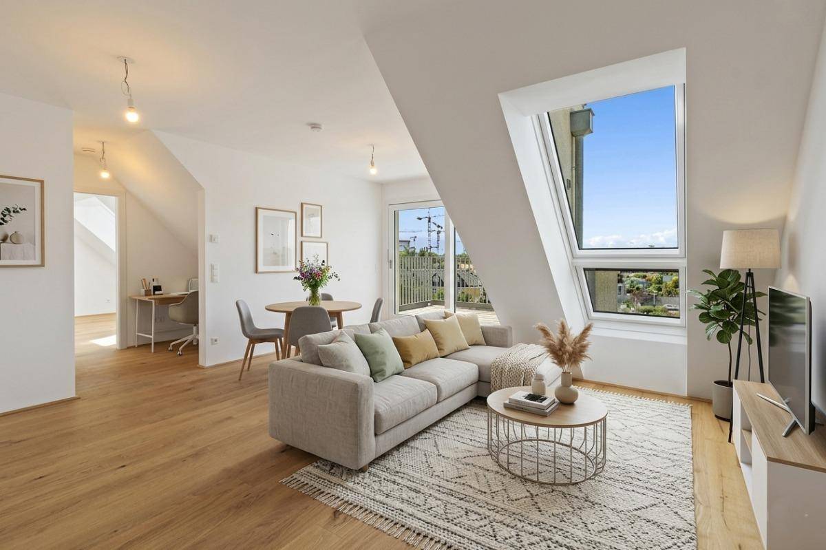 Helles Wohn- und Esszimmer mit Dachschrägen, Holzboden und weitem Blick über die Stadt.