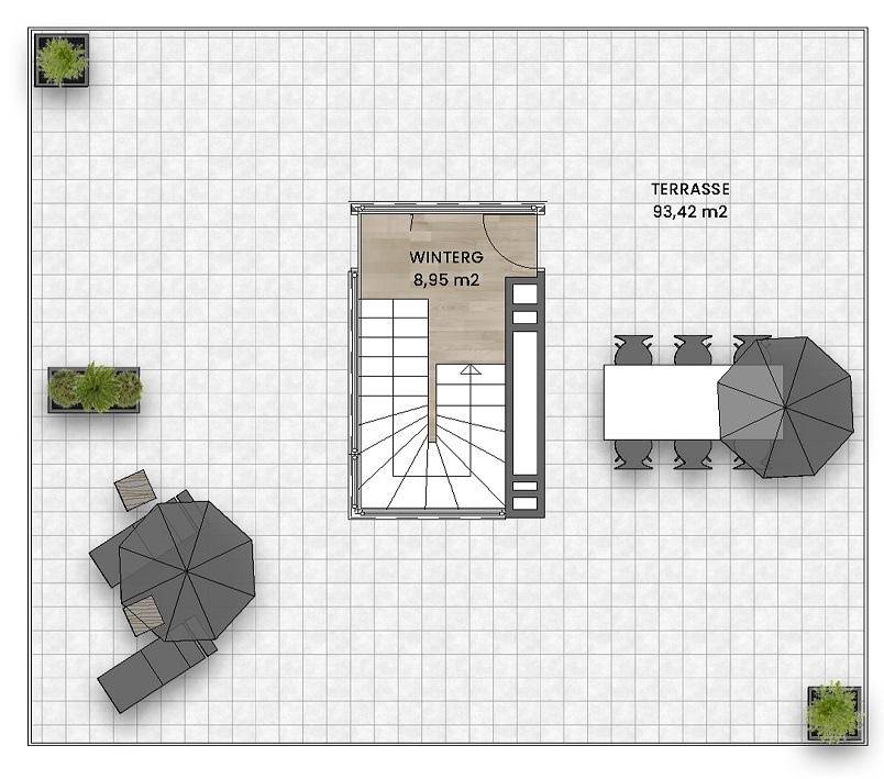 Grundriss einer großen Terrasse mit Wintergarten und Außenbereich für Entspannung und Essen.