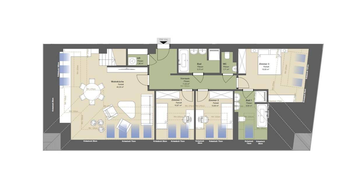 Detaillierter Grundriss der Dachgeschosswohnung mit mehreren Zimmern, Bädern und offenem Wohnbereich.