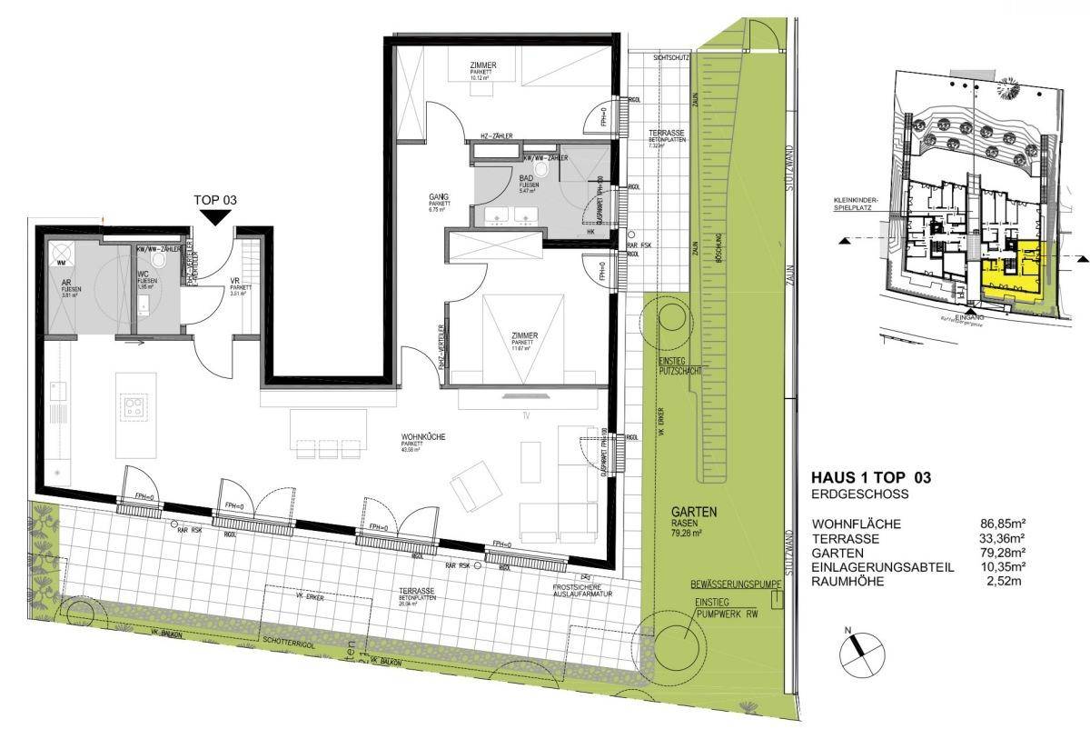 Grundriss des Erdgeschosses mit offenem Wohnbereich, zwei Schlafzimmern, Terrasse und Garten.