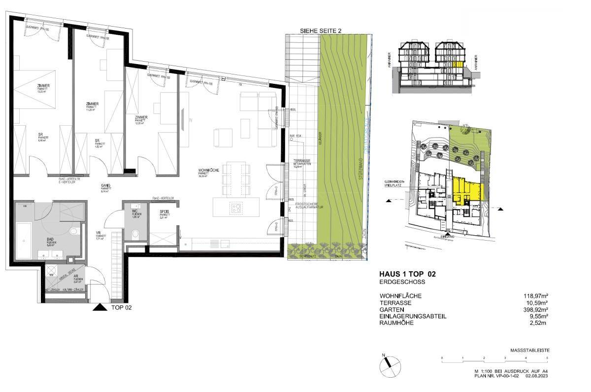 Grundriss des Erdgeschosses mit Wohnbereich, Schlafzimmern, Terrasse und Garten.