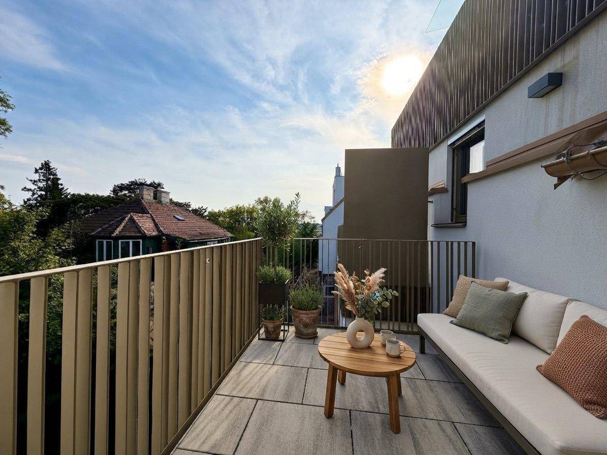 Gemütlicher, möblierter Balkon mit Sitzgelegenheiten und Pflanzen, ideal zum Entspannen.