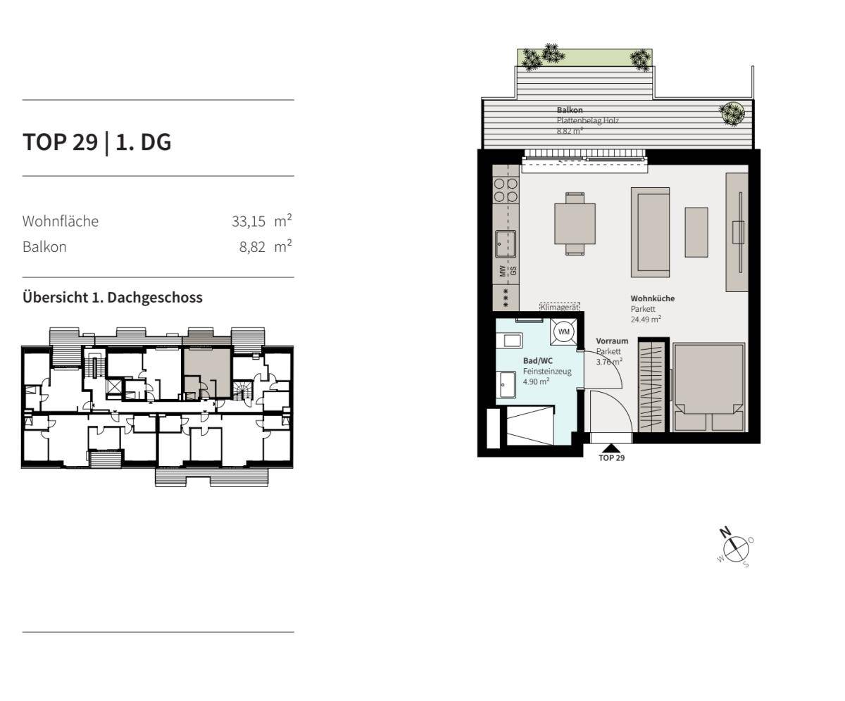 Grundriss der Wohnung TOP 29 im Dachgeschoss mit Wohnküche und Balkon.