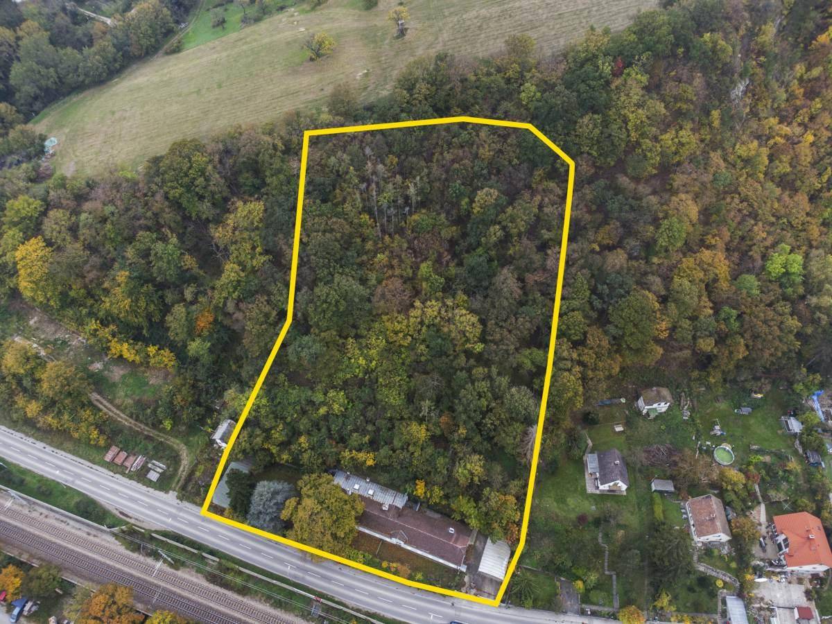 Luftaufnahme des weitläufigen Grundstücks mit Wald und angrenzender Straße.