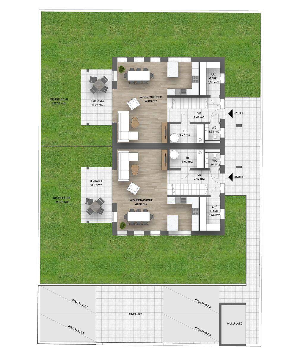 Gesamtgrundriss mit zwei Doppelhaushälften, offenen Wohnküchen, Terrassen und Stellplätzen.
