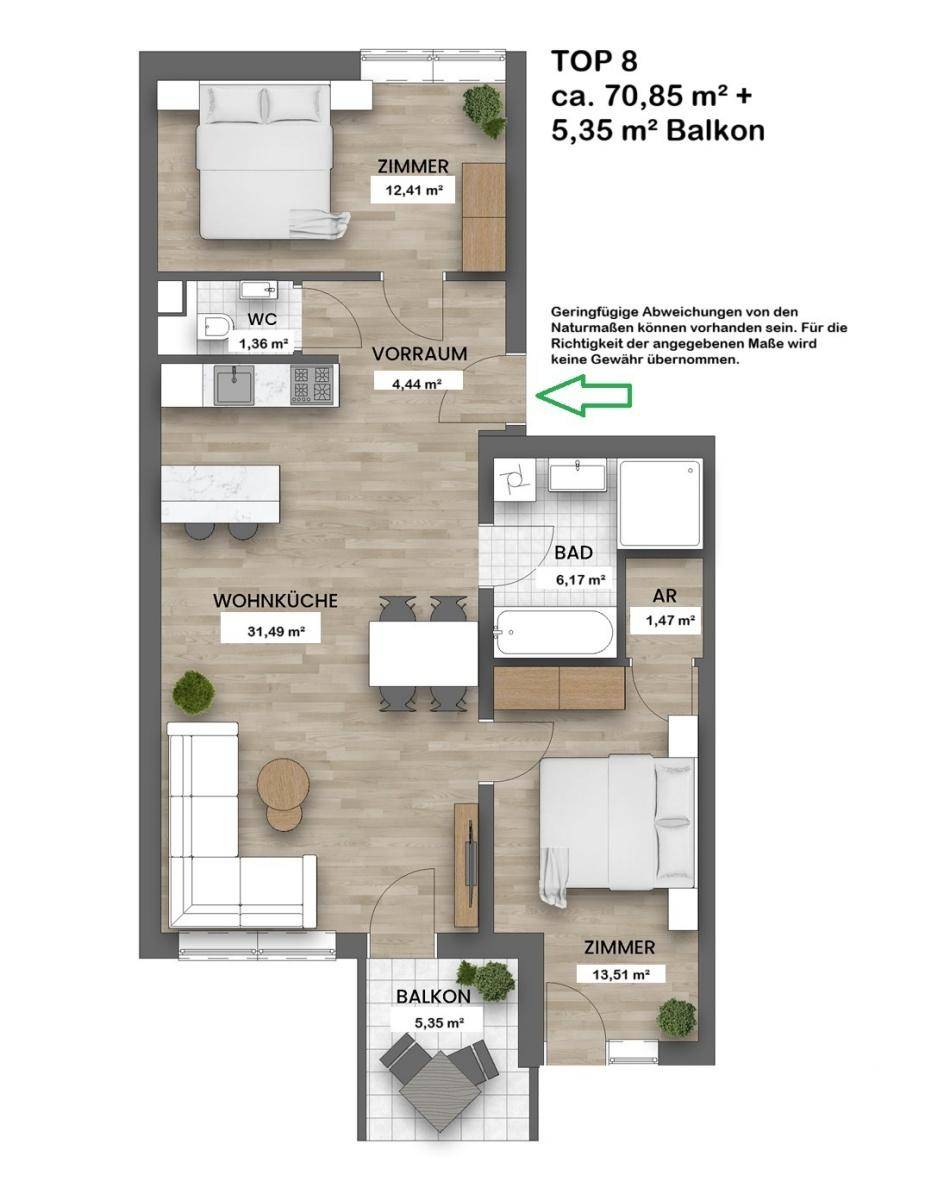 Grundriss der Wohnung TOP 8 mit zwei Schlafzimmern, Wohnküche und Balkon.