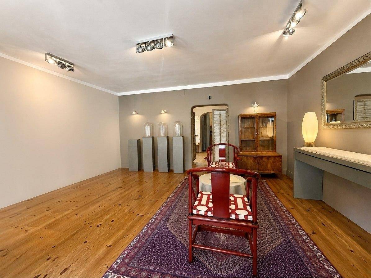 Großer Geschäftsraum mit Holzdielenboden, einem Teppich und einer Kombination aus modernen und traditionellen Möbeln.