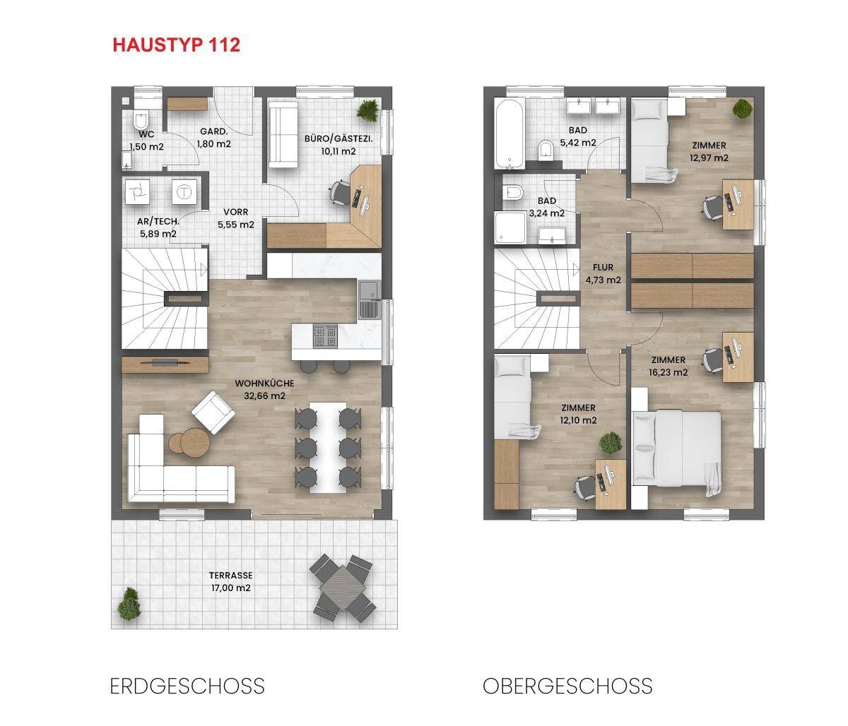 Detaillierter Grundriss für Haustyp 112 mit Erdgeschoss und Obergeschoss, inklusive Raumaufteilung.