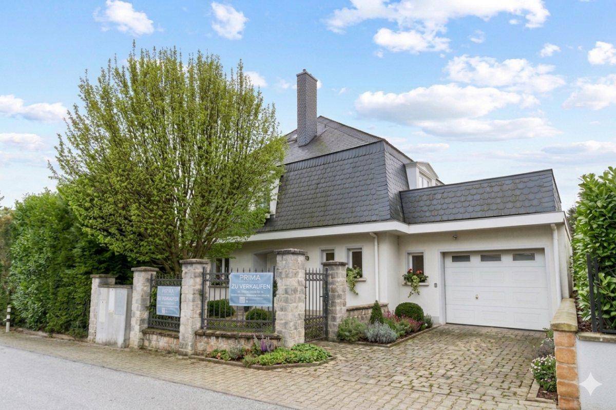 Ansicht des Hauses von der Straße mit Garage, gepflasterter Einfahrt und einem großen Baum im Vorgarten.