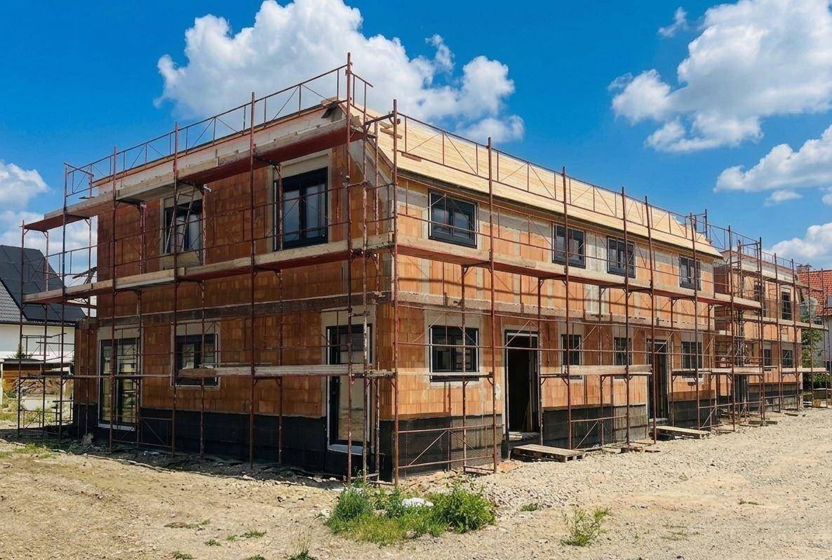 Reihenhäuser im Rohbau mit Ziegelmauerwerk und Gerüst, bereit für die weitere Fertigstellung.