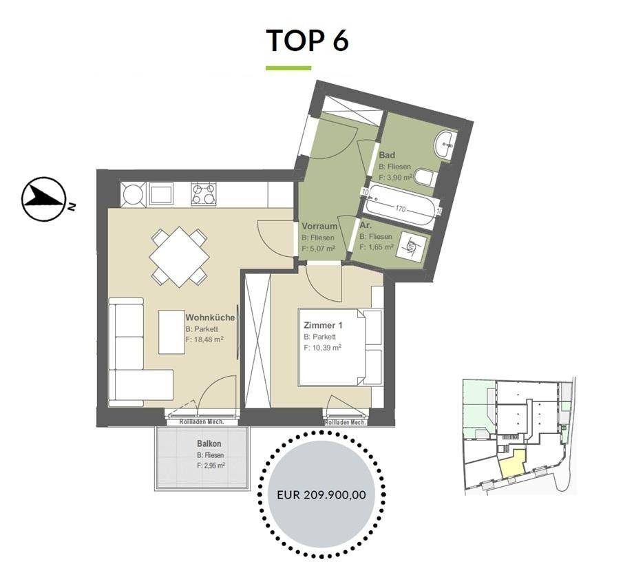 Grundriss der Wohnung Top 6 mit Wohnküche, Schlafzimmer, Bad und Balkon.