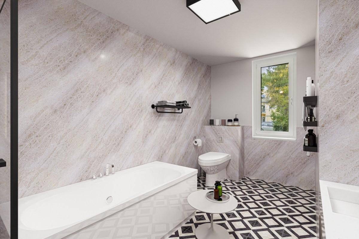 Elegantes Badezimmer mit Badewanne, modernen Fliesen und Fenster für Tageslicht.