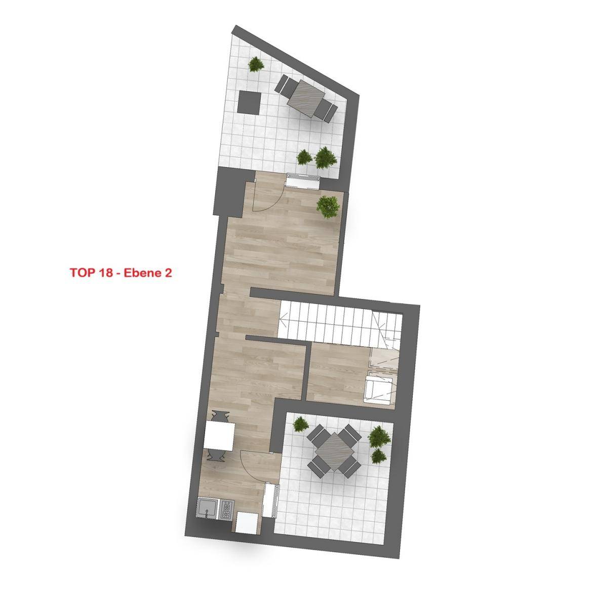 Grundriss der zweiten Dachgeschossebene mit Terrassen, Essbereich und Treppenabgang.
