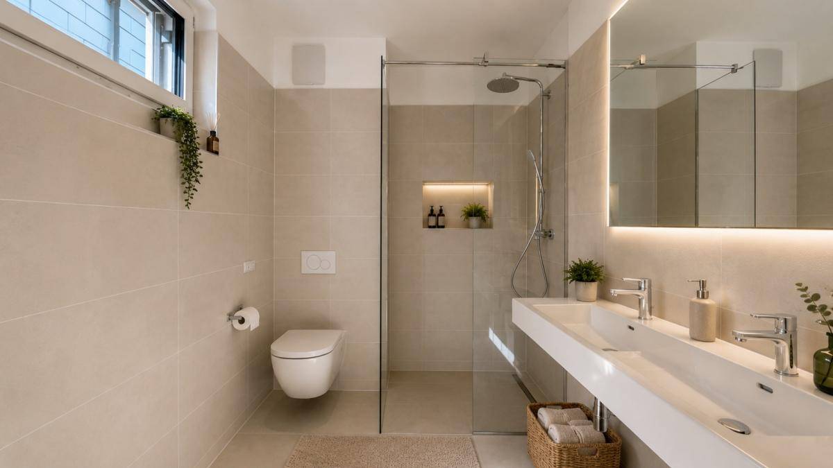 Elegantes Badezimmer mit wandhängendem WC, begehbarer Dusche, Doppelwaschbecken und Fenster.