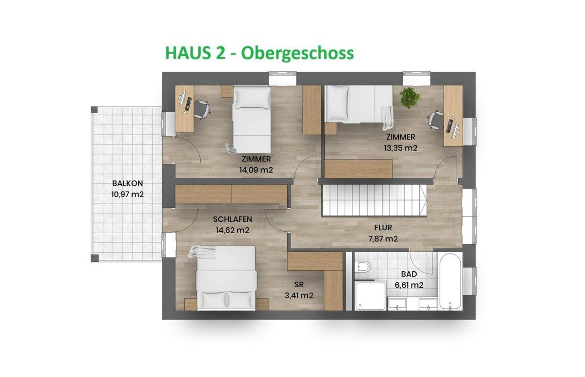 Grundriss des Obergeschosses von Haus 2 mit Schlafzimmern, Bad, Balkon und begehbarem Kleiderschrank.