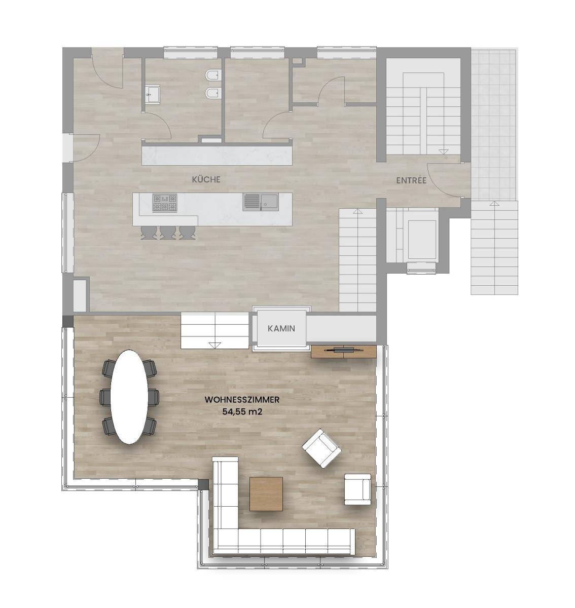 Grundriss des Obergeschosses mit Wohnzimmer, Kamin und Essbereich.