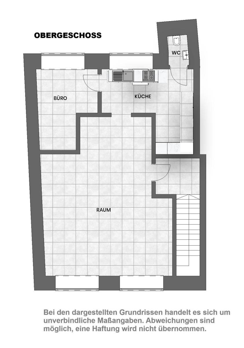 Grundriss des Obergeschosses mit Büro, Küche, WC und einem großen Raum, effiziente Raumaufteilung.