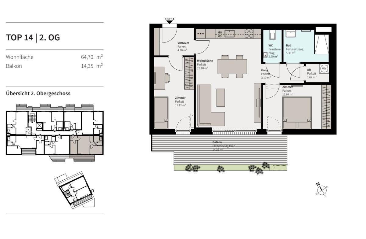 Grundriss der Wohnung Top 14 im 2. Obergeschoss mit Wohnküche, zwei Zimmern und Balkon.