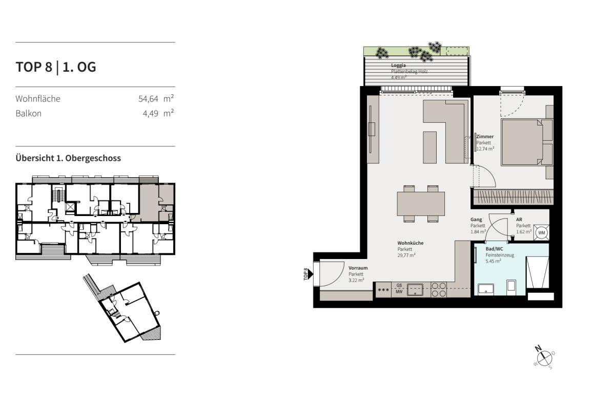 Grundriss der Wohnung TOP 8 im ersten Obergeschoss mit Loggia und offenem Wohnbereich.